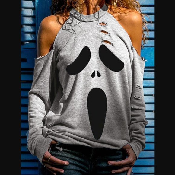 Tops - ONE LEFT! Distressed Cold Shoulder Ghost Halloween Shirt